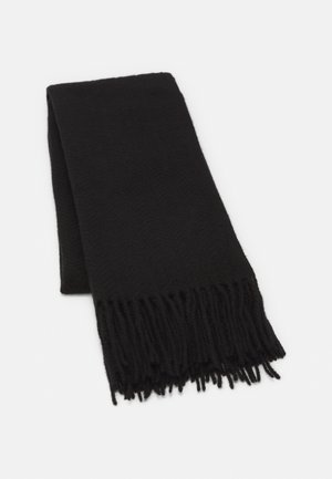 Svart, strukturert skjerf med diagonalt herringbone-mønster og frynsete kanter. Laget av mykt stoff, er det rektangulært og har et allsidig design.