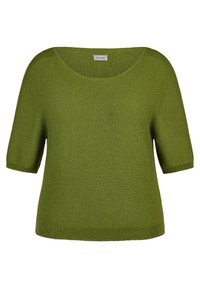Short-sleeve green knitted sweater with a wide round neckline and a relaxed fit. Smooth texture and ribbed hem accents. Brand label visible.