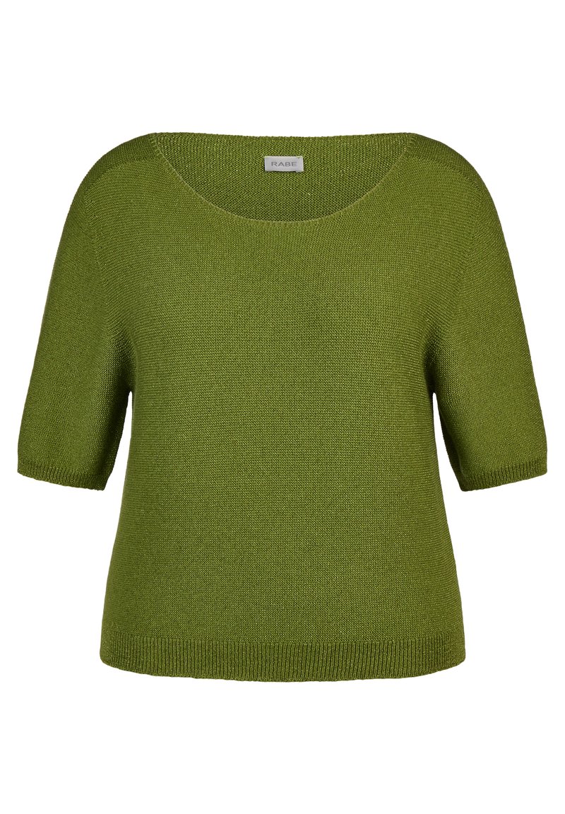 Short-sleeve green knitted sweater with a wide round neckline and a relaxed fit. Smooth texture and ribbed hem accents. Brand label visible.