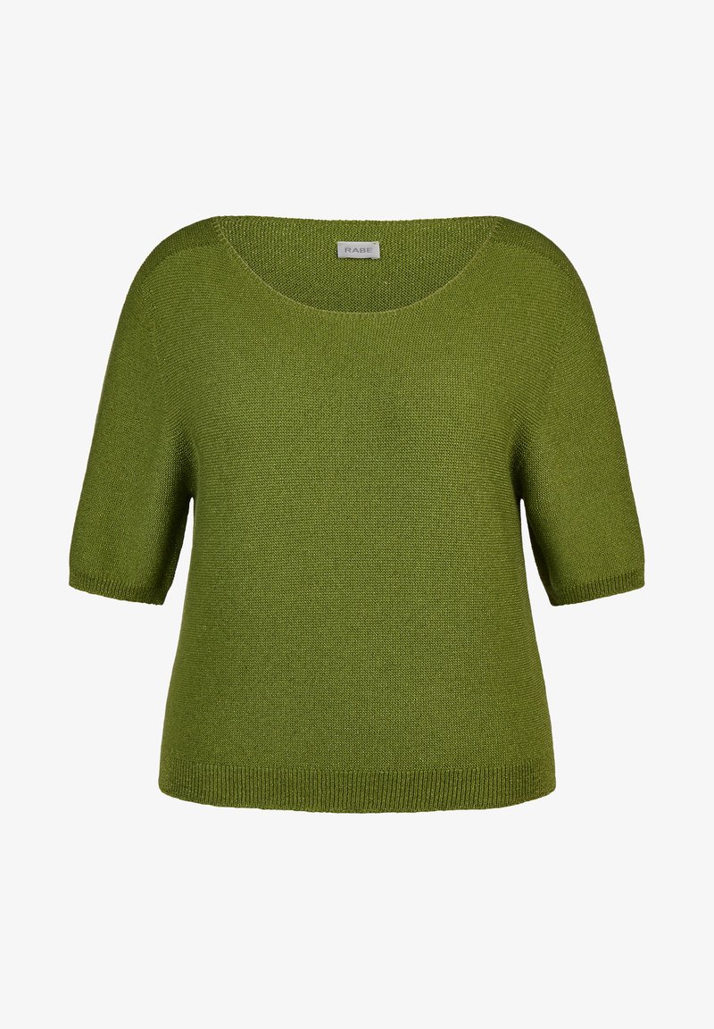 Grüner Strickpullover mit kurzen Ärmeln, weitem Rundhalsausschnitt und lässiger Passform. Glatte Textur und Rippabschlüsse. Markenlabel sichtbar.