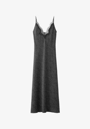 Črna obleka brez rokavov z belimi pikicami in čipkanim robom ob V-izrezu ter tankimi naramnicami.