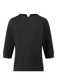 Schwarzer Pullover mit Dreiviertelärmeln, runder Halslinie mit Schlitz und glatter Textur. Einfaches Design ohne Muster oder Akzente.