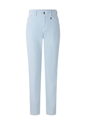 Lichtblauwe denim broek met een rechte snit, voorzien van een hoge taille, frontzakken en een ritssluiting met een knoopsluiting.
