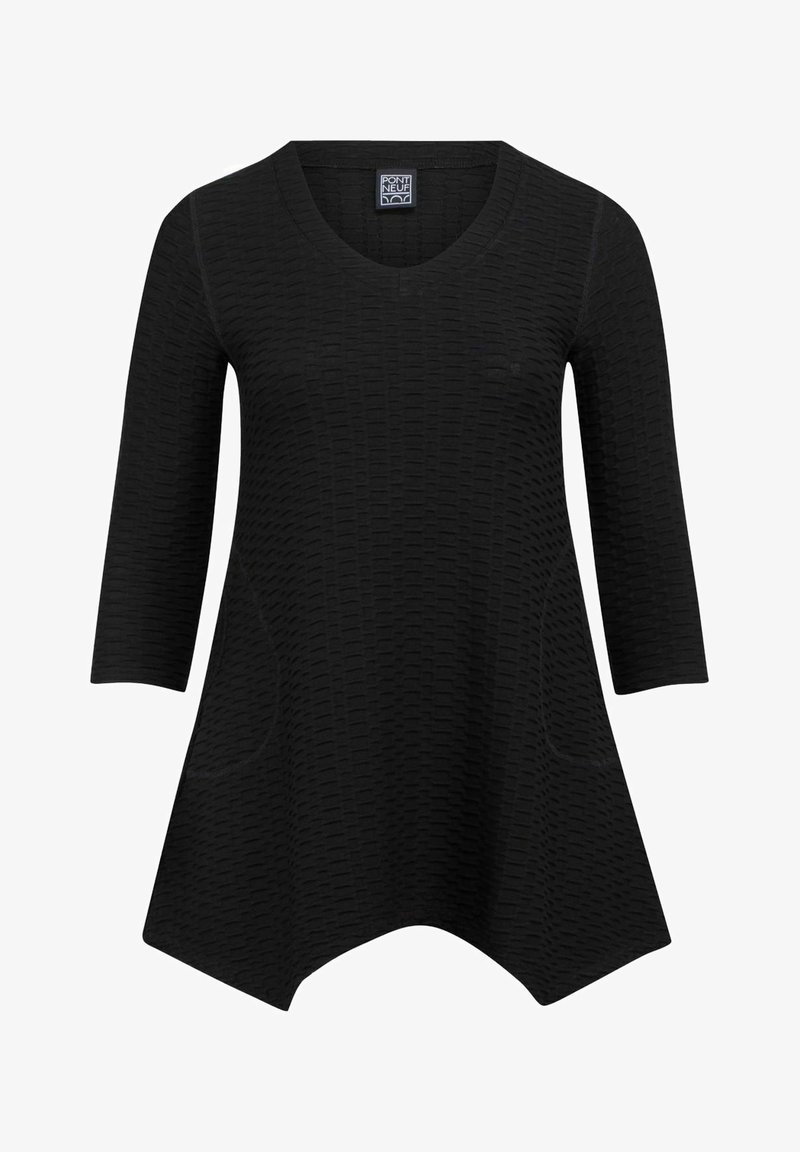 Black tunic top with a textured, woven pattern, V-neck, three-quarter sleeves, and side pockets, featuring an asymmetrical hem design.