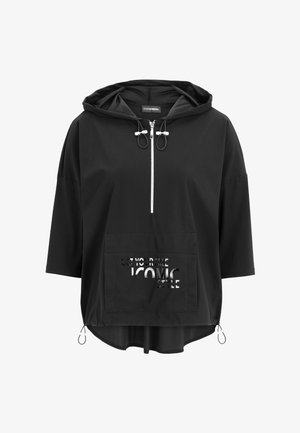 Black hooded pullover with half zipper, adjustable drawstrings, 3/4 sleeves, front pocket, and partially visible white text on pocket.