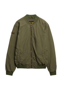 Olive green bomber jacket with a zip front, ribbed cuffs and hem, and logo patch on the left sleeve. Smooth fabric with a slightly glossy texture.