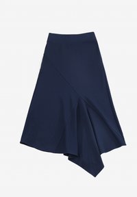 Marinblå asymmetrisk kjol i mjukt tyg, med en inslagdesign och draperade detaljer samt resårmidja för komfort.