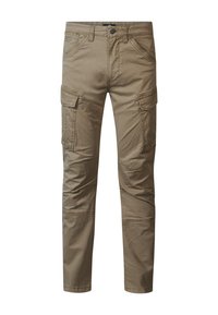 Khaki cargobyxor med en strukturerad yta, som har två sidofickor, två framfickor och en knappstängning vid midjan.