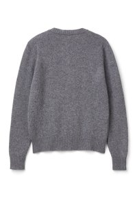 Šedý pletený svetr s dlouhými rukávy, kulatým výstřihem, žebrovaným lemem a měkkou texturou. Na zádech nejsou viditelné žádné loga ani vzory.