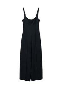 Tutina nera con spalline sottili, design sartoriale, scollatura dritta e taglio a gamba larga. Realizzata in tessuto liscio, con dettagli delle cuciture anteriori.