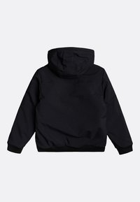 Sort polstret jakke med hætte, ribbede manchetter og talje. Stoffet ser glat ud med en mat finish og uden synlige mønstre.