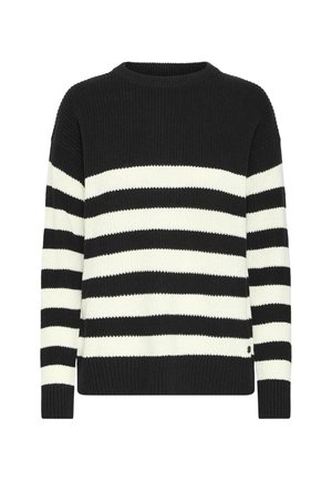 Črno-bela povojčna pletena jopica z okroglim izrezom, rebrastimi manšetami in robom, ki ima izmenične široke in tanke črte po celotni površini.