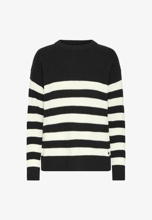 Fekete-fehér csíkos kötött pulóver kerek nyakkivágással, bordázott mandzsettákkal és szegéllyel, váltakozó vastag és vékony csíkokkal a teljes felületen.