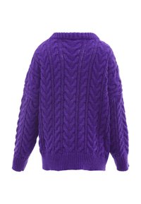 Maglione viola a maglia grossa con una vestibilità ampia, dotato di un collo alto, maniche lunghe e orlo a costine. Il motivo testurizzato aggiunge un interesse visivo.
