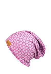 Pink beanie made of soft fabric, featuring a leaf pattern in darker pink. Slouchy design with a visible brand label on the side.