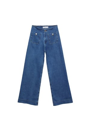 Weite Denim-Jeans in Mittelblau mit zwei Gesäßtaschen, Metallknopfverschluss und kontrastierenden Nähten.