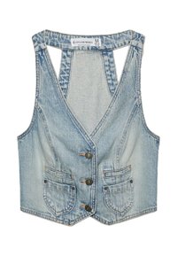 Kamizelka dżinsowa, jasnoniebieska, w kształcie litery V, bez rękawów, z dwiema przednimi kieszeniami i zapięciem na guziki. Teksturowana tkanina z lekkim wyblakaniem.