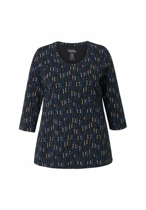 Zwarte tuniek met een ronde hals en driekwartmouwen. Kenmerkt zich door een patroon van blauwe, beige en witte verticale lijnen. Zachte stof.