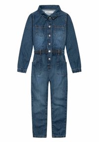 Tmavě modrý denimový kombinéza s dlouhými rukávy, zapínáním na knoflíky vpředu, dvěma náprsními kapsami, elastickým pasem a dvěma postranními kapsami.