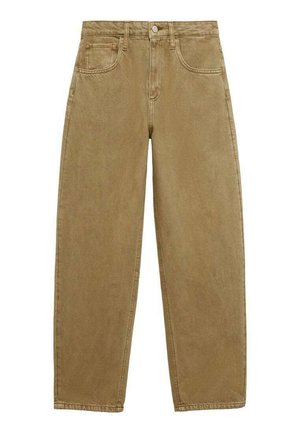 Bežové, vysoké široké džínsy vyrobené z denimu. Obsahujú päť vreciek, predný gombík a zips v rozkroku. Hladká textúra, minimálne ozdoby.