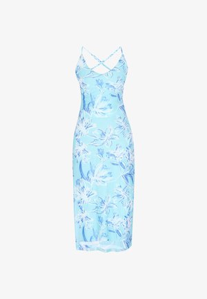 Lichtblauwe midi-jurk met witte en marineblauwe bloemmotieven en smalle, gekruiste schouderbandjes.