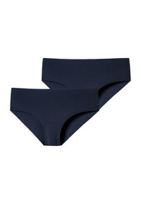 Marineblauwe bikini slipjes van soepel materiaal, met een laag uitgesneden ontwerp en brede zijkanten. Twee stuks inbegrepen.