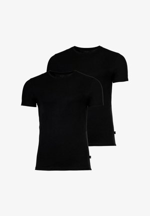 Black cotton t-shirts, short sleeves, round neck, fitted design. Two shirts displayed, no visible patterns or graphics, subtle brand label.