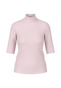 Light pink turtleneck shirt with short sleeves, made of smooth fabric. Simple design with a fitted silhouette and clean lines.
