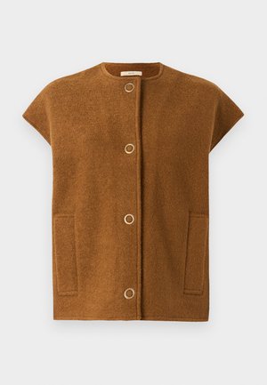 Brown wool-blend vest with cap sleeves, round neckline, and front pockets. Features three circular gold-tone buttons along the opening.
