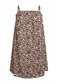 Ärmelloses Kleid im Leopardenmuster in Braun- und Beigetönen, mit einem elastischen gerafften Oberteil und einer lockeren, fließenden Silhouette.