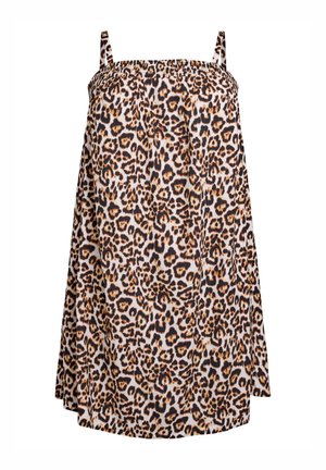 Mooie mouwloze jurk met luipaardprint in bruine en beige tinten, met een elastische smocktop en een losse, vloeiende silhoe t.