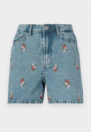 Denim shorts in light blue with a faded finish. Features colorful floral embroidery throughout, two front pockets, and a button closure.