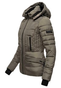 Khaki padded jacket with a hood, featuring quilted detailing, two zippered pockets, and ribbed cuffs. Soft inner lining for warmth.