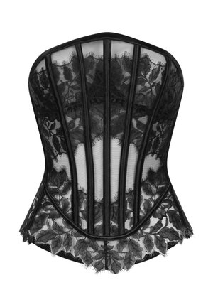 Zwarte kanten korset met gestructureerde panelen, bloemmotieven, doorschijnend gaas en een getande zoom. Accentnaden langs de randen zorgen voor definiering.