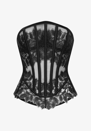 Zwarte kanten korset met gestructureerde panelen, bloemmotieven, doorschijnend gaas en een getande zoom. Accentnaden langs de randen zorgen voor definiering.