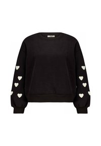 Zwarte sweatshirt met lange, opgeblazen mouwen, voorzien van witte hartvormige accenten op beide mouwen en een ribbelboord aan de halslijn en onderkant.