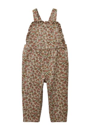 Salopette pour tout-petit à motif floral avec bretelles ajustables et détails à boutons, présentant un mélange de fleurs roses, orange et vertes sur un tissu beige.