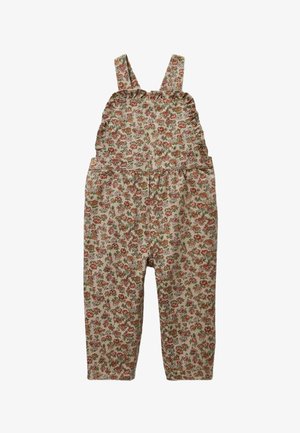 Salopette pour tout-petit à motif floral avec bretelles ajustables et détails à boutons, présentant un mélange de fleurs roses, orange et vertes sur un tissu beige.