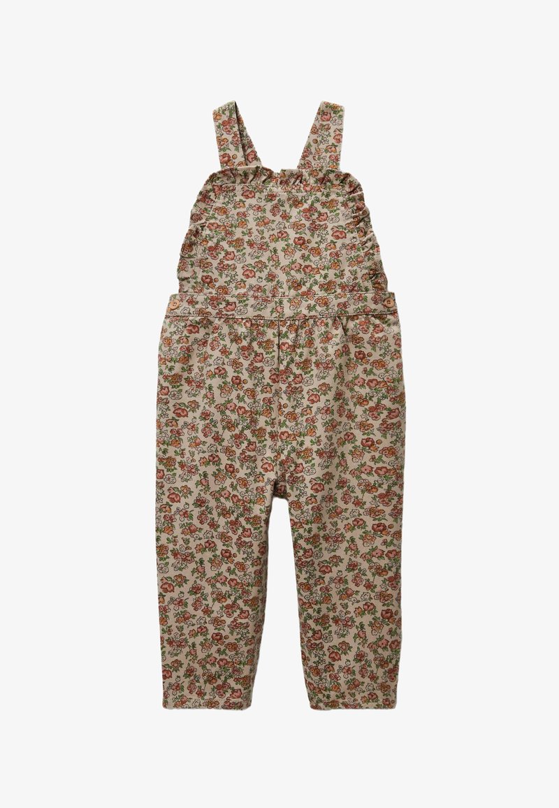 Salopette pour tout-petit à motif floral avec bretelles ajustables et détails à boutons, présentant un mélange de fleurs roses, orange et vertes sur un tissu beige.