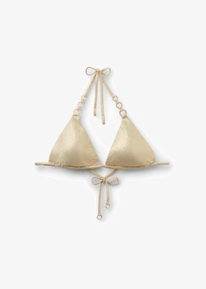 Goldfarbenes Triangel-Bikinioberteil aus strukturiertem Stoff, verstellbare Bänder am Hals und Rücken sowie Ringakzente an den Trägern.