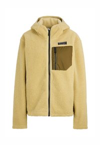Gelbe Fleece-Jacke mit Kapuze, ausgestattet mit einem Reißverschluss und einer einfarbigen olivgrünen Brusttasche. Strukturierter Stoff und lockere Passform.