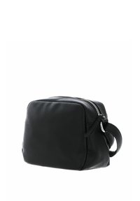 Black leather bag with a rectangular shape, textured surface, top zipper closure, and a side handle for easy carrying.