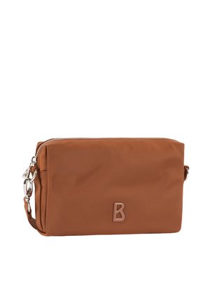 Borsa a tracolla rettangolare marrone con cerniera in argento e particolari della tracolla, con una lettera B in rilievo sul davanti.