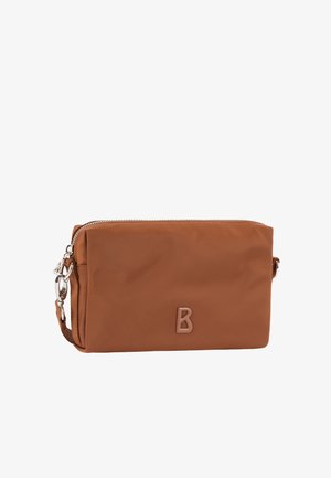 Borsa a tracolla rettangolare marrone con cerniera in argento e particolari della tracolla, con una lettera B in rilievo sul davanti.
