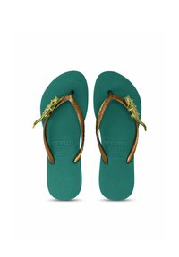 Teal rubber flip flops with brown straps and a green lizard accent on the left strap. Textured footbed for enhanced grip.