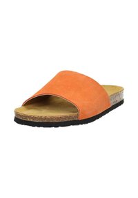 Orange suede slide sandal with a wide strap, a cork footbed, and a textured black rubber sole. Open-toe design for breathability.