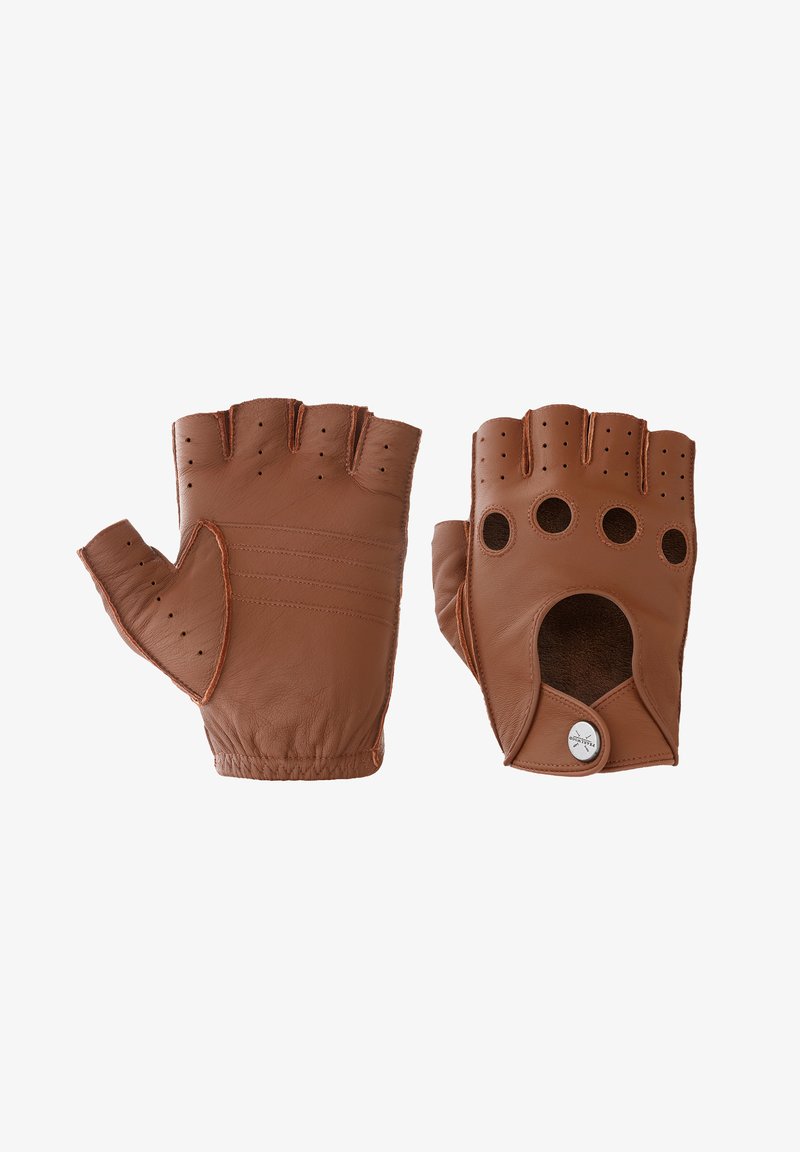 Hnědé kožené bezprstové rukavice s perforovaným designem, šitými detaily a zapínáním na druk na jedné straně. Odolné a dobře padnoucí.