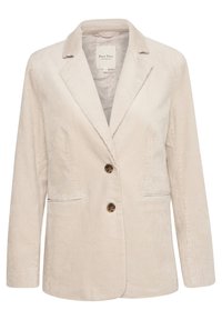 Blazer en velours côtelé beige avec un col cranté, deux poches avant et deux boutons marron. Présente une surface texturée et une coupe cintrée.