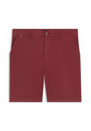 Men’s dark red tailored shorts with side pockets, belt loops, and a front button closure.