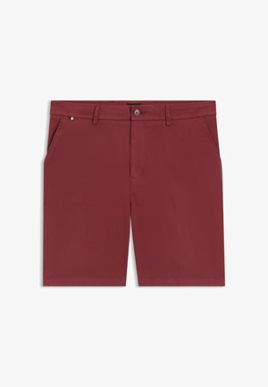 Men’s dark red tailored shorts with side pockets, belt loops, and a front button closure.